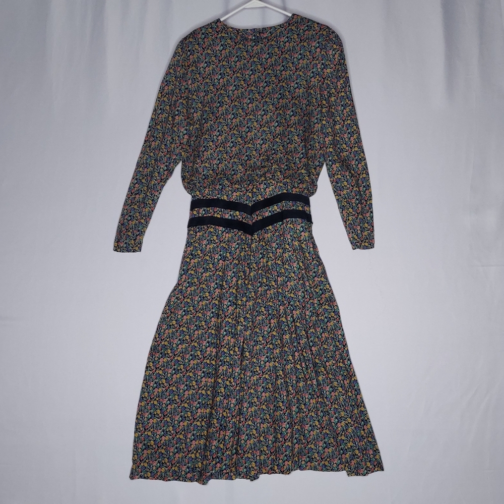Patty Oneil Vtg 80s Modest Dress 10 Ditsy Floral Long Puff Sleeve Blouson‎ Midi